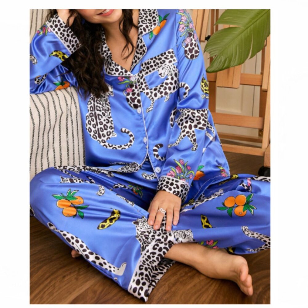 NEW Blue Leopard Fruit Print Satin Boutique Loungewear Pajama Set